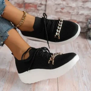 Cupcarrom Women'S Plus Size Fly Woven Breathable Upper Chain Wedge Lace-Up Sneakers