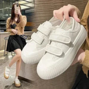 Cupcarrom Women Fashion Round Toe Thick Sole Velcro Pu Sneakers