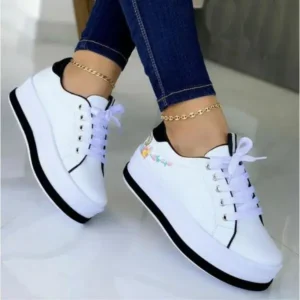 Cupcarrom Women'S Fashion Round Toe Thick Sole Shallow Lace-Up Casual Sneakers