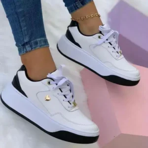 Cupcarrom Women'S Fashion Flat Round Toe Plus Size Solid Color Front Lace-Up Sneakers