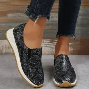 Cupcarrom Women'S Fashion Snake Print PU Leather Flat Sneakers