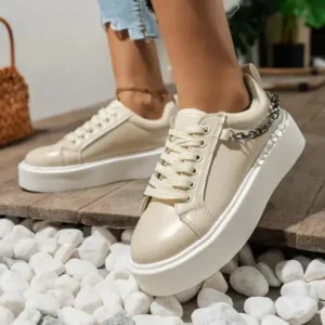 Cupcarrom Women'S Fashion Round Toe Chain Lace Up Low Top Solid PU Thick-Soled Sneakers