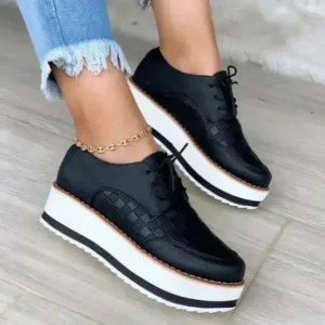 Cupcarrom Women'S Fashion Vintage Lace-Up Solid Color Flat Slip-On PU Sneakers Shoes