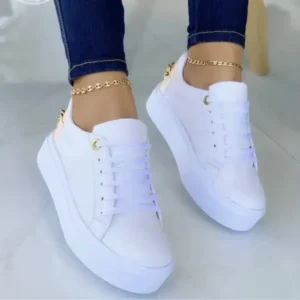 Cupcarrom Women Fashion Round Toe Platform Lace Up Solid Color Sneakers