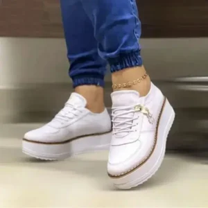 Cupcarrom Women Fashion Round Toe Solid Color Pu Hidden Wedge Lace-Up Low Top Sneakers Shoes