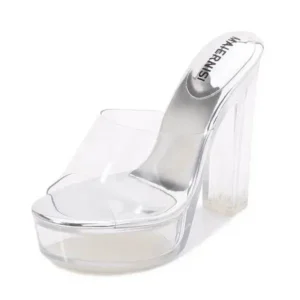 Cupcarrom Women Fashion Plus Size Transparent Crystal Chunky Heel Platform High