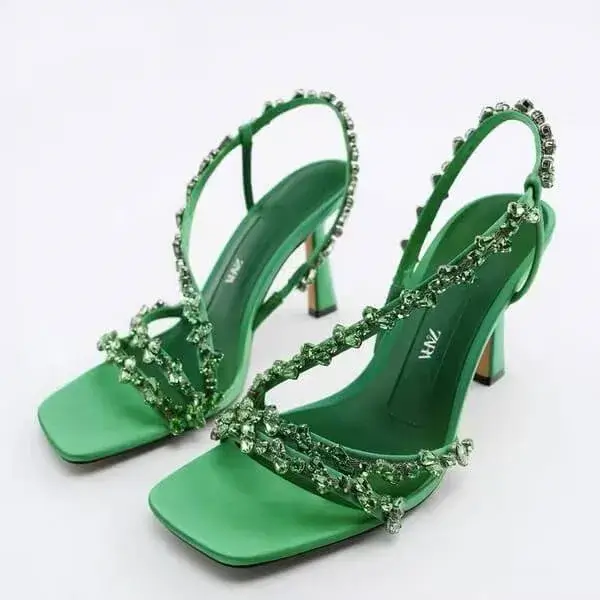 Cupcarrom Women Fashion Plus Size Sexy Rhinestone Strap Square Toe Heeled Sandals