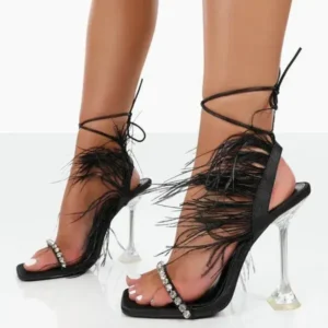 Cupcarrom Women Fashion Sexy Rhinestone Feather Decorative Solid Color High Heel Sandals Shoes