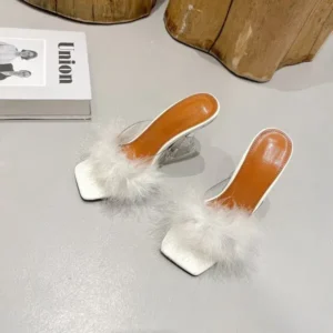 Cupcarrom Women Fashion Sexy Feather Decoration Solid Color Chunky High Heel Slippers Shoes