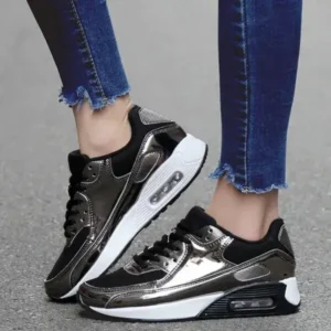 Cupcarrom Women Casual Sports Lace Up Design Shiny Air Cushion Platform Sneakers