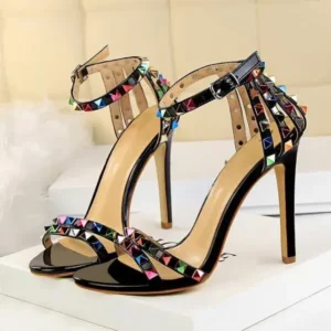 Cupcarrom Fashion Women Sexy 11cm High Heels Rivets Studded Sandals Ankle Buckle Strap Stiletto Shoes