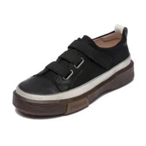 Cupcarrom Women Vintage Casual Velcro Design Round Toe Color Blocking Platform Genuine Leather Sneakers