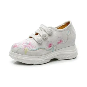 Cupcarrom Women Casual Flower Embroidered Round Toe Platform Canvas Sneakers