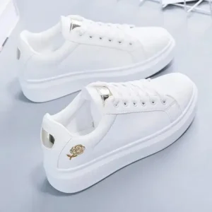 Cupcarrom Women Casual Fashion Rose Embroidery Thick-Soled Comfortable PU Leather White Sneakers