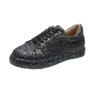 Cupcarrom Women Creative Casual Sequined Solid Color Lace-Up Low-Top Flat Sneakers