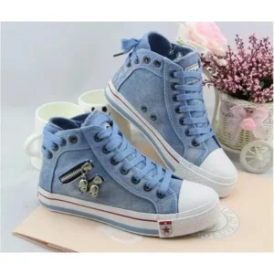 Cupcarrom Women Casual Spring Zipper Decor Lace-Up High Top Denim Canvas Sneakers