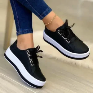 Cupcarrom Women Casual Round Toe Lace-Up Block Color Platform Shoes PU Sneakers