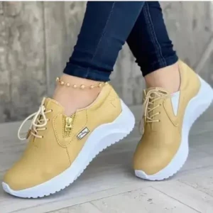 Cupcarrom Women Casual Round Toe Low Cut Lace-Up PU Side Zipper Design Solid Color Sneakers