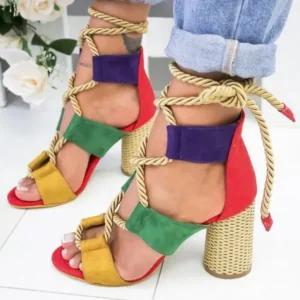 Cupcarrom Women Fashion Sexy Cross Hollow Lace Up Design Color Blocking High Heel Sandals Shoes