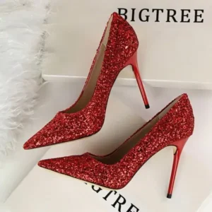 Cupcarrom Women Sexy Shining Sequins Decor Pointed-Toe Stiletto Shoes Pumps