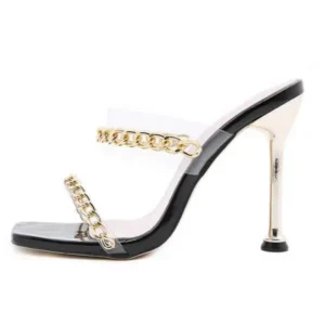 Cupcarrom Women Sexy Plus Size Metal Chain Square-Toe High Heel Sandals