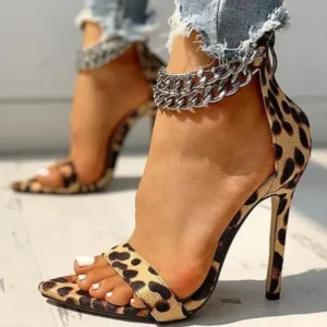 Cupcarrom Women Sexy Metal Chain Buckle Ankle Strap Animal Printed High Heels