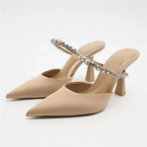 Cupcarrom Summer Women Plus Size Fashion Casual Rhinestone Pointed Cover Toe High Heel Slippers