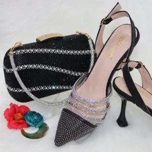 Cupcarrom Women Classic Black Pointed Shoes Transparent Pvc Rhinestone Chain Square Hand Bag Set