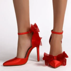 Cupcarrom Women Lace Bow Design Pointed Toe Stiletto Party Pumps Shoes