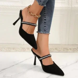 Cupcarrom Summer Women Fashion Plus Size Elegant Pointed Toe Strap Rhinestone Stiletto Heel Slippers