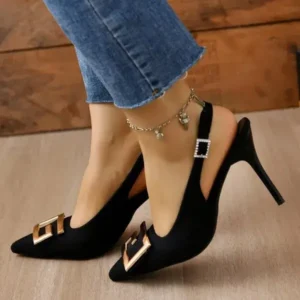 Cupcarrom Summer Women Fashion Casual Plus Size Solid Color Pointed Toe Metal Buckle Sling Back High Heel Sandals