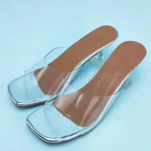 Cupcarrom Women Fashion Casual Square Toe Transparent Design Mid Heel Slippers