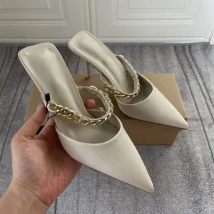 Cupcarrom Women Sexy Chain Design Pointed Toe Solid Stiletto Mules