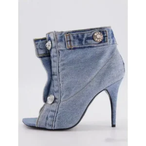 Cupcarrom Women Fashion High Heel Denim Button High Top Boots