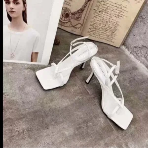 Cupcarrom Women Fashion Sexy PU Solid Color Square Toe Stiletto Heel Ankle Strap Buckle Thong Sandals