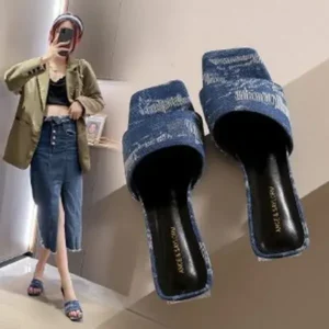 Cupcarrom Women Fashion Casual PU Denim Square Toe Chunky Heel Slippers