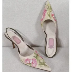 Cupcarrom Women Fashion Elegant Floral Printed Pointed Toe Stiletto Heel Sandals