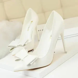 Cupcarrom Women Fashion Elegant Solid Color PU Bowknot Pointed Toe Stiletto Heel Pumps