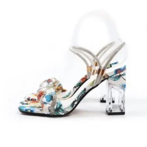 Cupcarrom Women Fashion Sexy PU Rhinestone Floral Printed Square Toe Chunky Heel ?Sandals