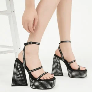 Cupcarrom Women Fashion Sexy PU Rhinestone Solid Color Round Toe Platform Chunky Heel Ankle Strap Buckle Sandals6