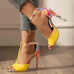 Cupcarrom Women Fashion Sexy Floral Printed Peep Toe Stiletto Heel Ankle Strap Buckle Sandals