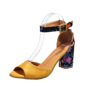 Cupcarrom Women Fashion Sexy PU Floral Printed Peep Toe Chunky Heel Ankle Strap Buckle Sandals