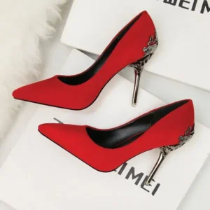 Cupcarrom Women Fashion Sexy PU Solid Color Pointed Toe Metal Stiletto Heel Pumps