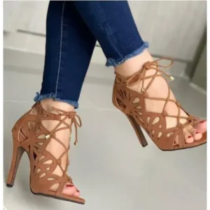 Cupcarrom Women Fashion Sexy Solid Color Hollow Peep Toe Stiletto Heel Bandage Sandals