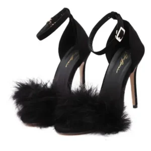 Cupcarrom Women Fashion Sexy PU Solid Color Feather Peep Toe Stiletto Heel Ankle Strap Buckle Sandals