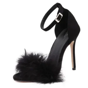 Cupcarrom Women Fashion Sexy Solid Color Feather Peep Toe Stiletto Heel Ankle Strap Buckle Sandals