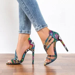 Cupcarrom Women Fashion Sexy PU Snake Patterned Pointed Toe Stiletto Heel Sandals