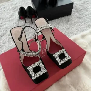 Cupcarrom Women Fashion Elegant PU Square Toe Rhinestone Stiletto Heel Ankle Strap Buckle Sandals