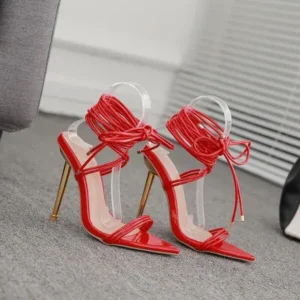 Cupcarrom Women Fashion Sexy Solid Color PU Bandage Stiletto Heel Sandals