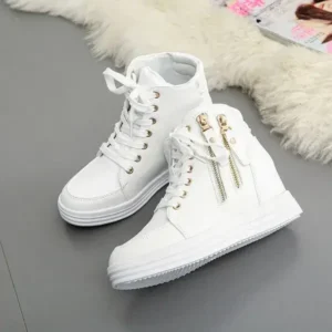 Cupcarrom Women Fashion Solid Color Side Zipper Lace-Up Round Head Thick-Soled Sneakers